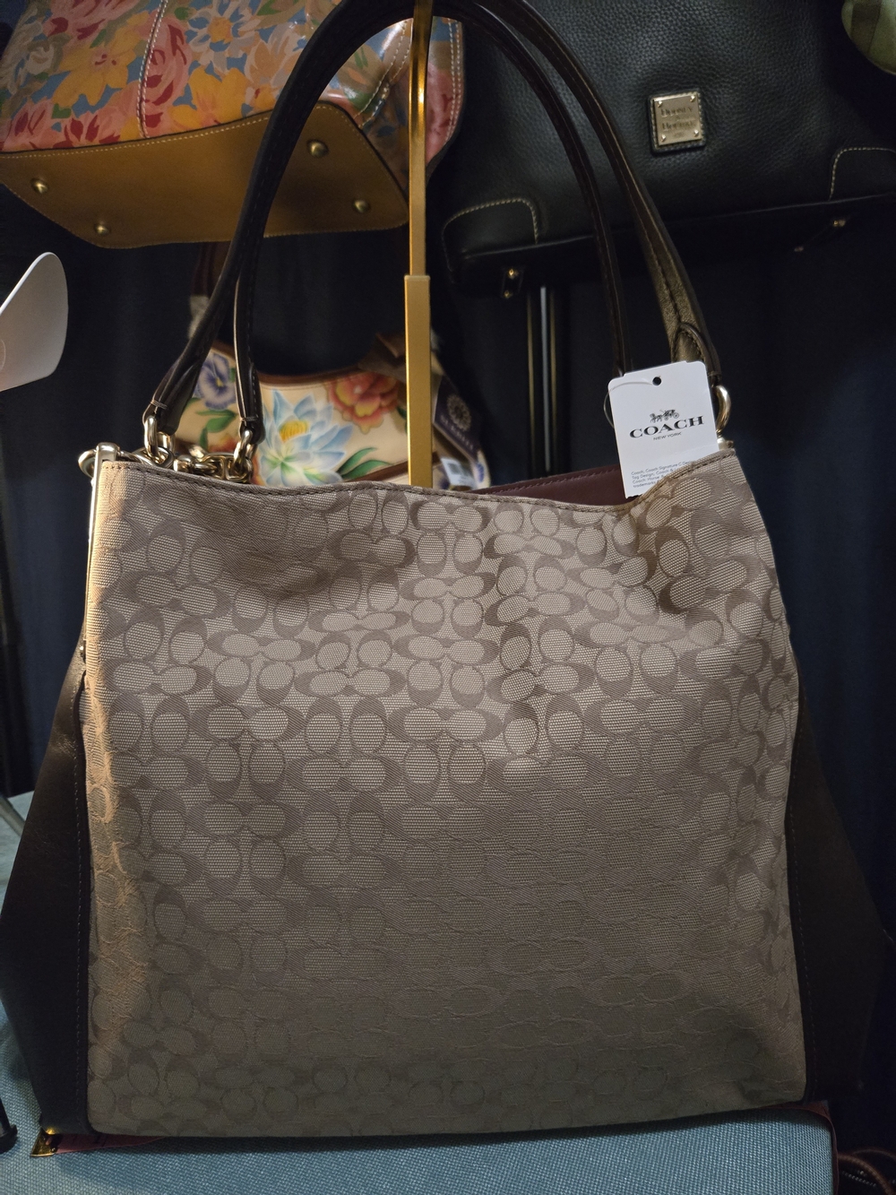 NWT Coach Signature and Dark Chocolate Leather Tote Bag in Khaki/Brown